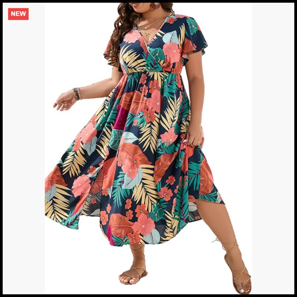 Boho Floral A-Line Midi Dress V-Neck Short Sleeve Tropical Vacation Beach Outfit